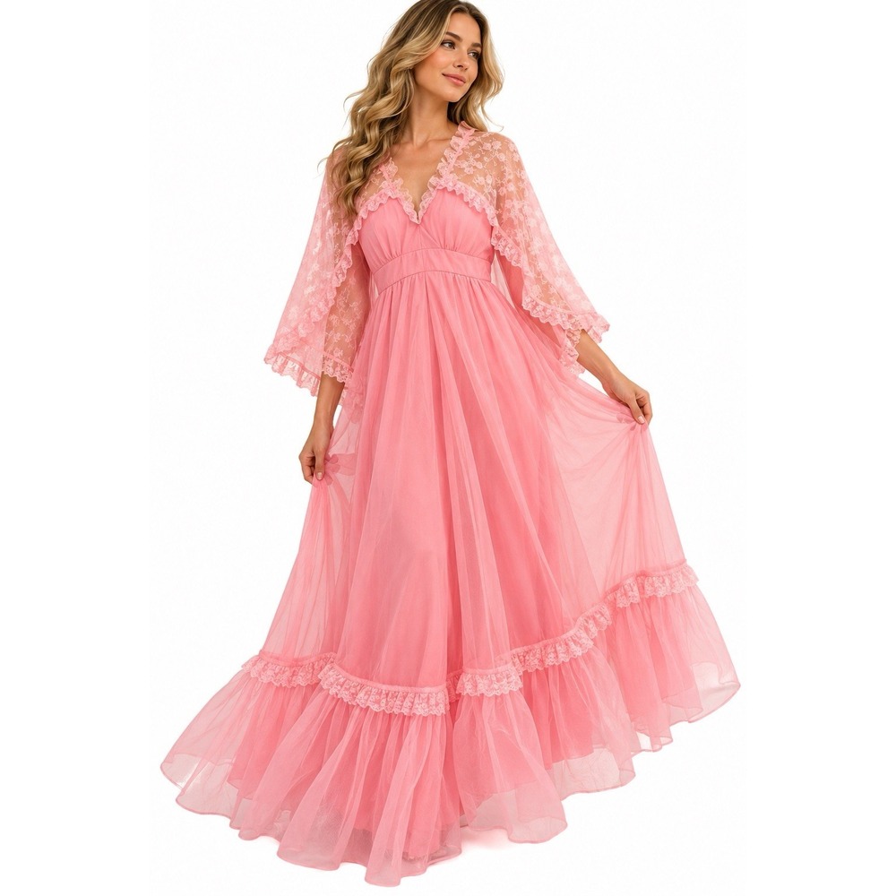 Vintage 1950s Handmade Pink Lace Maxi Dress Size M Southern Belle Cape Coquette